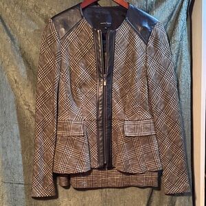 Nanette Lepore Houndstooth Jacket/Skirt Set with Black Leather Trim